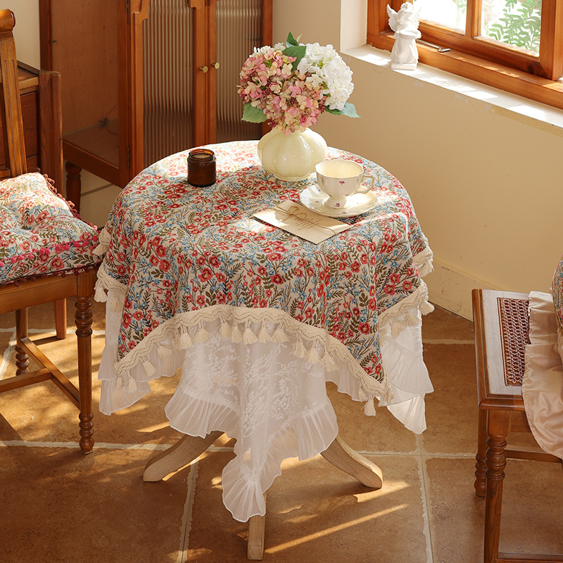 テーブルクロス 花柄刺繍フリルレース付き多層式テーブルクロス布 布