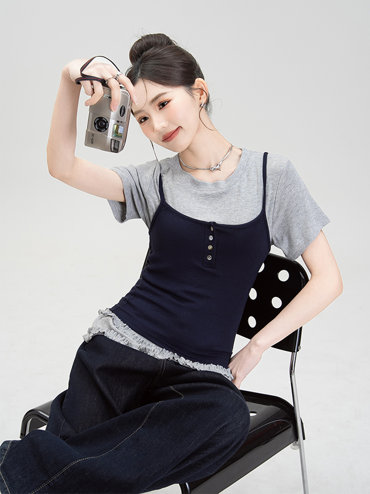 ネイビーコーデ 重ね着風キャミソールレイヤードセット トップスその他