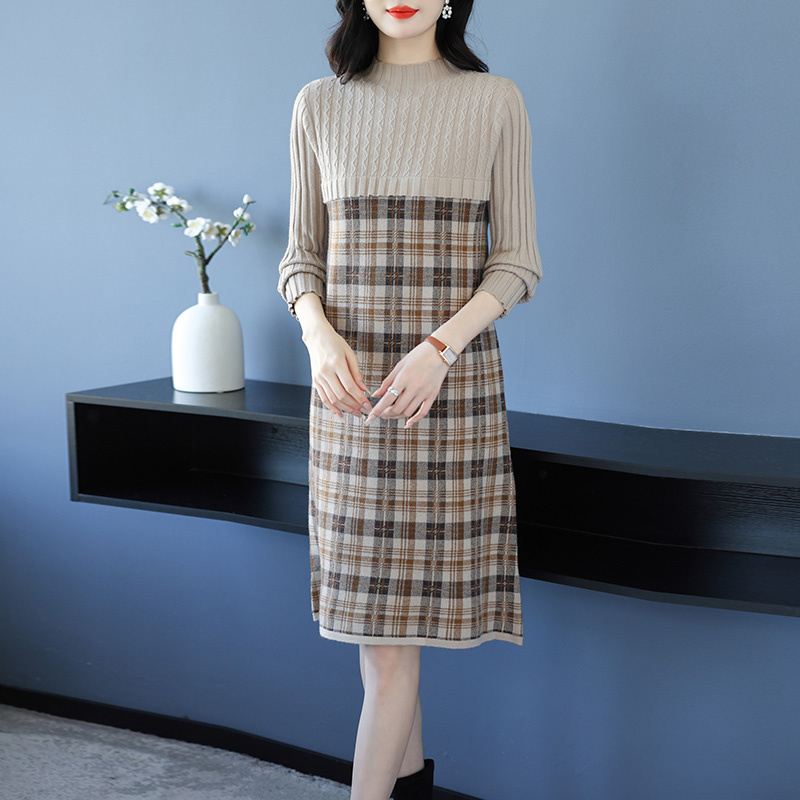 タートルネック切り替えチェック柄ワンピース ワンピース