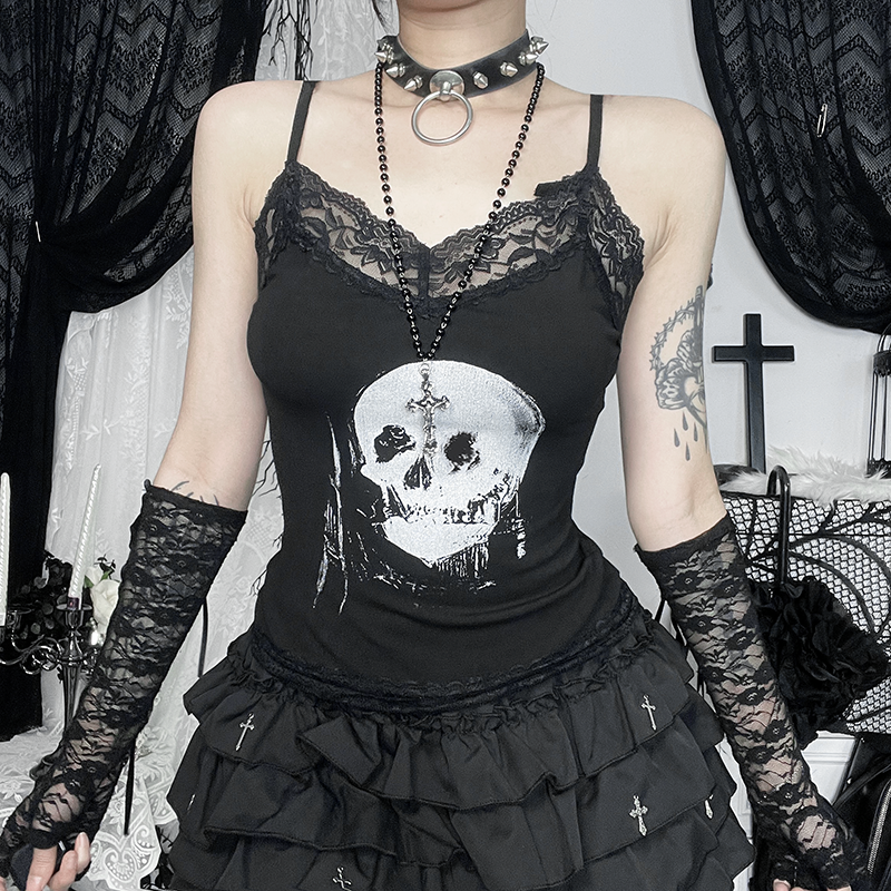 パンクファッション ドクロ柄十字架プリント重ね着風キャミソール