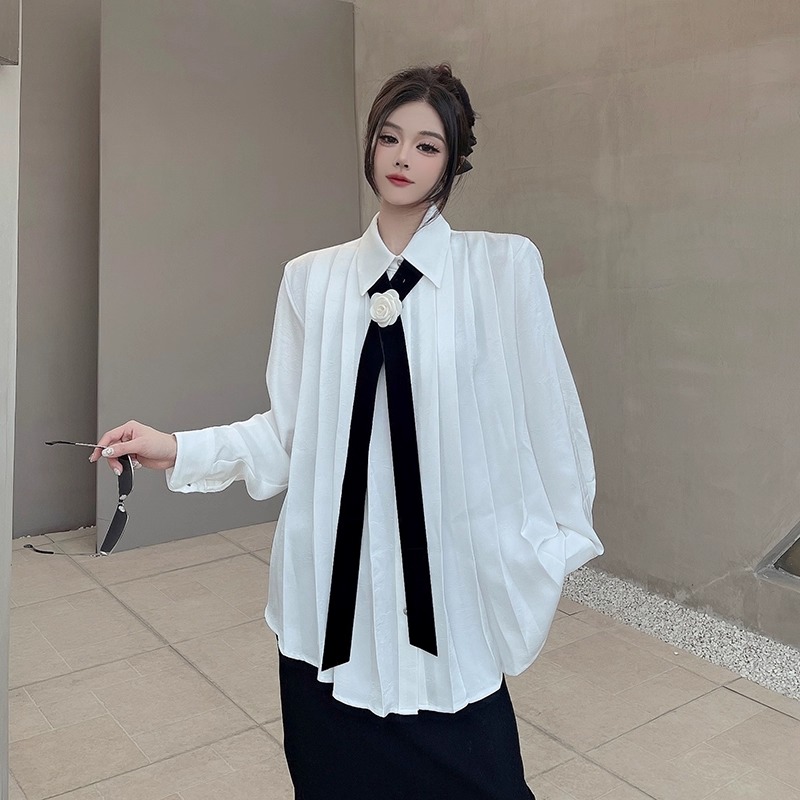 長袖プリーツリボンブラウス ネクタイ風白シャツ ボウタイリボン