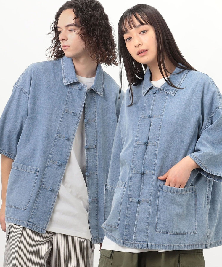 デニム チャイナシャツ（55-01BG09-204）｜パープル&イエロー