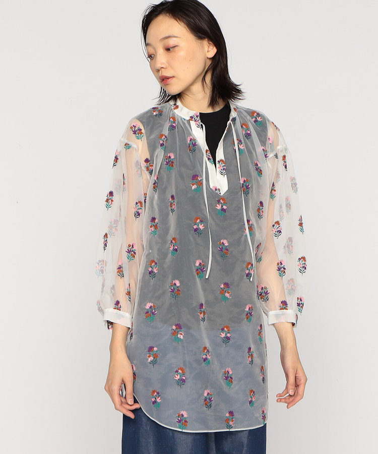オーガンジー花柄更紗刺繍 チュニックブラウス（08-14BG10-204