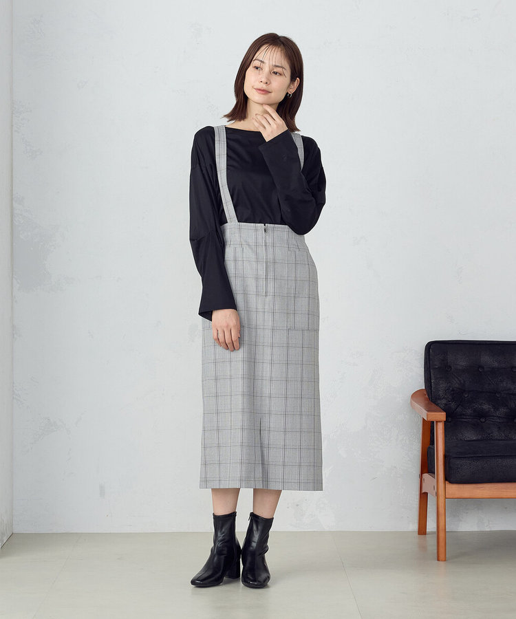 ポリエステルレーヨングレンチェック サスペンダー付きスカート