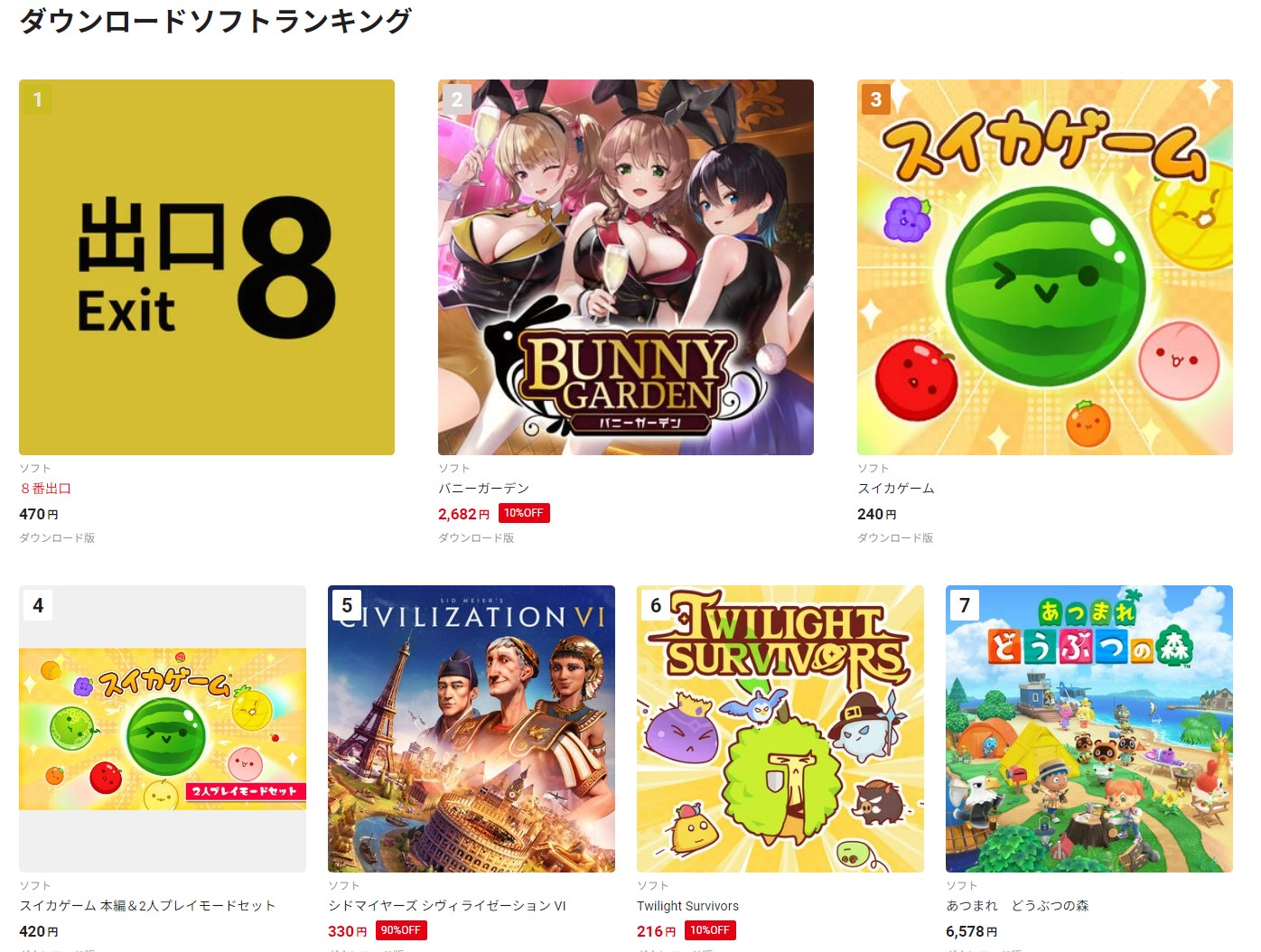 SwitchのDLランキングに「8番出口」「バニーガーデン」が1位2位に登場