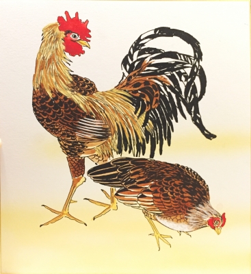 辻 画家 (鹿児島大学) の絵 二羽のニワトリ 辻 画家 (鹿児島大学) の絵