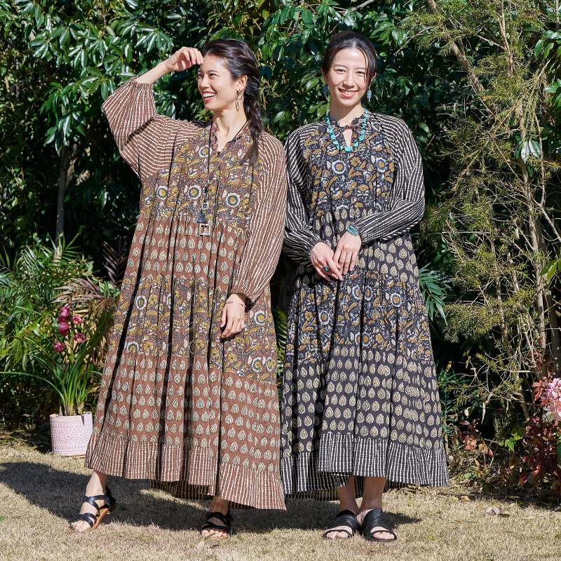 ブロックプリントティアードワンピース｜マライカ公式通販