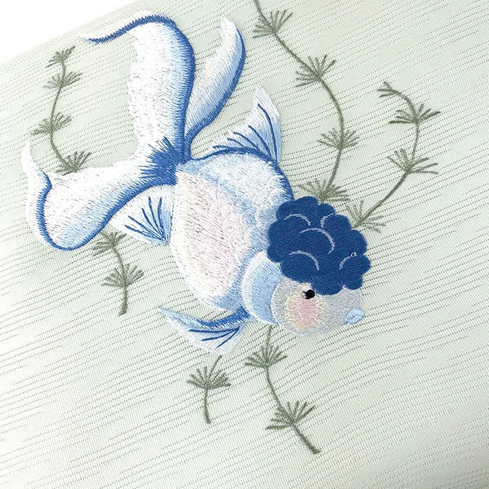 衿秀 公式 帯 名古屋帯 おび 九寸 仕立て上がり 淡いミント 水色 金魚