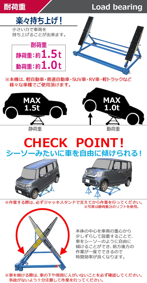 手動式 自動車整備用リフト 静荷重約1.5t 1500kg 動荷重約1.0t 1t