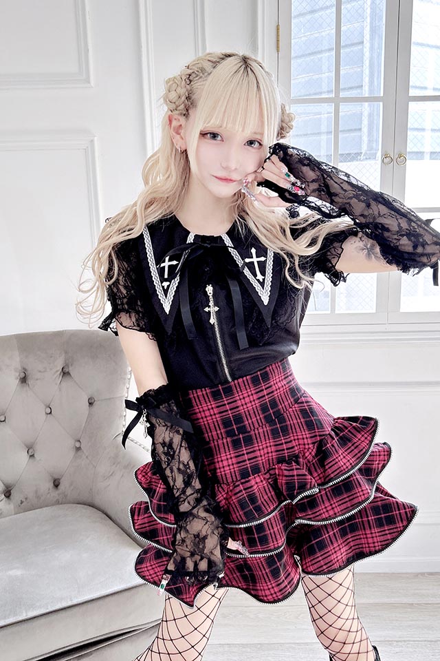 MA*RS】アーム付きクロス刺繍ブラウス - ブラック size-F | 地雷系