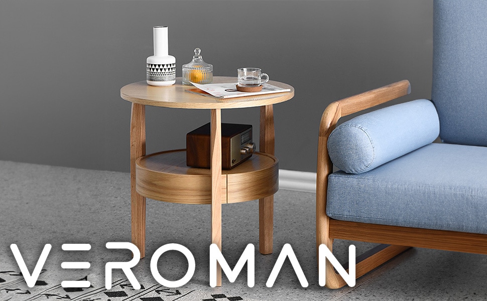 小] VeroMan サイドテーブル 引き出し付き 木製 円形 2段 丸い ティー