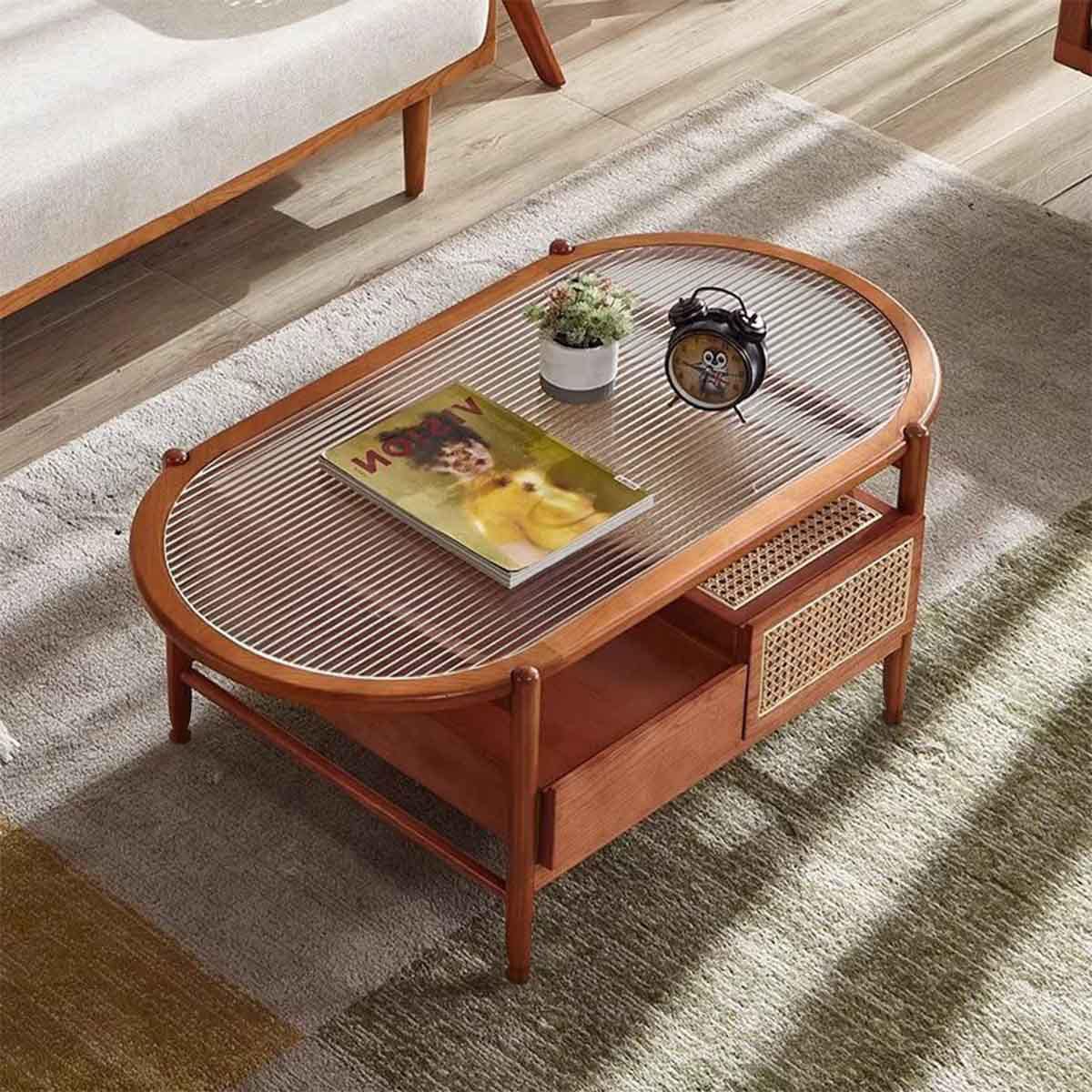 VeroMan ラタン編み ローテーブル 木の温もり ガラス天板 引き出し付き