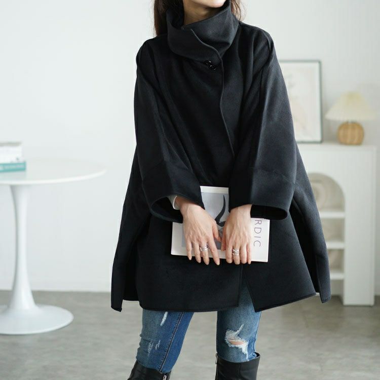 大きいサイズ レディース ビッグカラーポンチョ風コート nw-24044