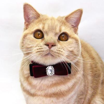 おしゃれ猫首輪 豪華ベルベット蝶ネクタイ クリスタルビジューつき 猫