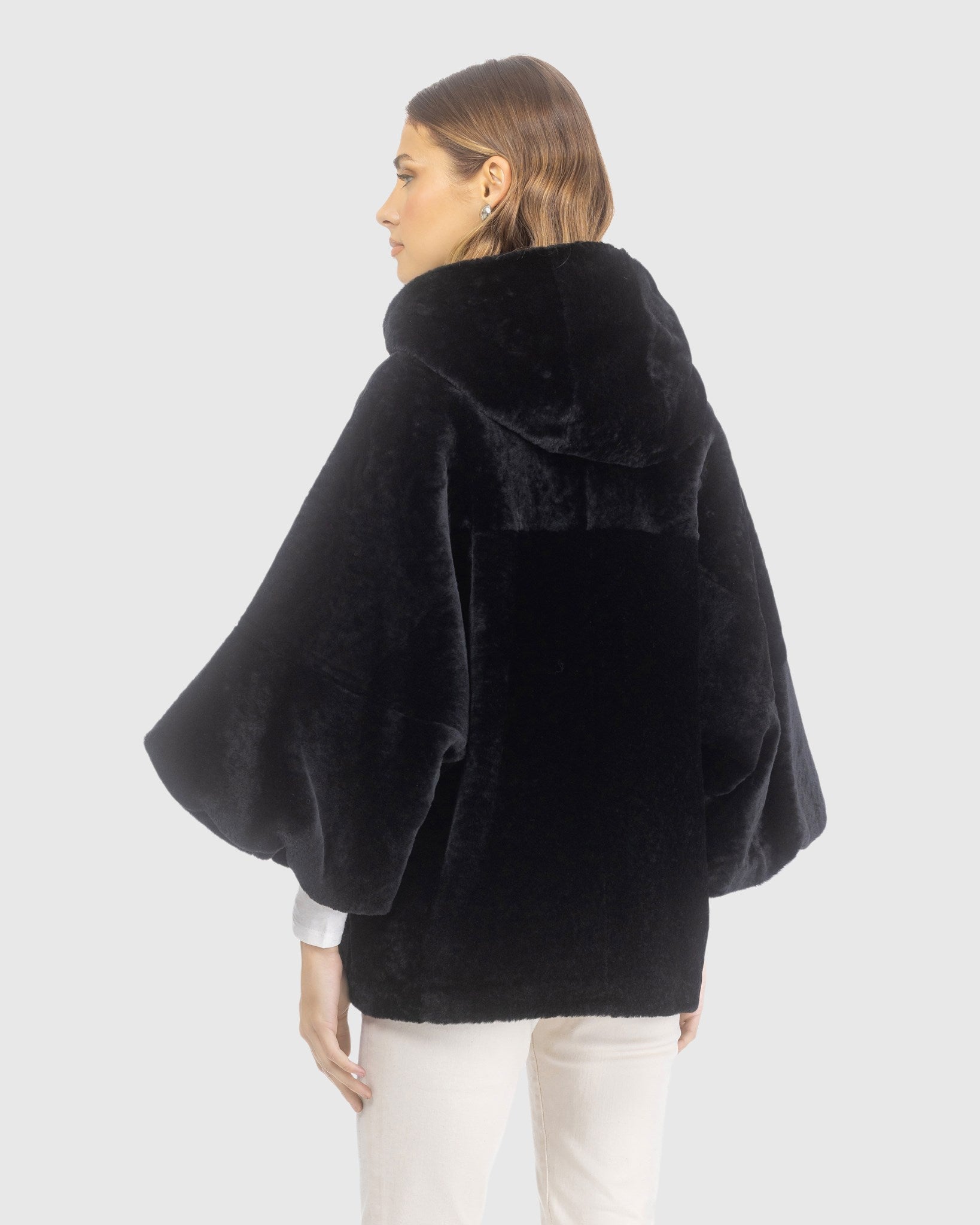 Textured Shearling Lamb Zip Jacket with Hood, Cropped Sleeves