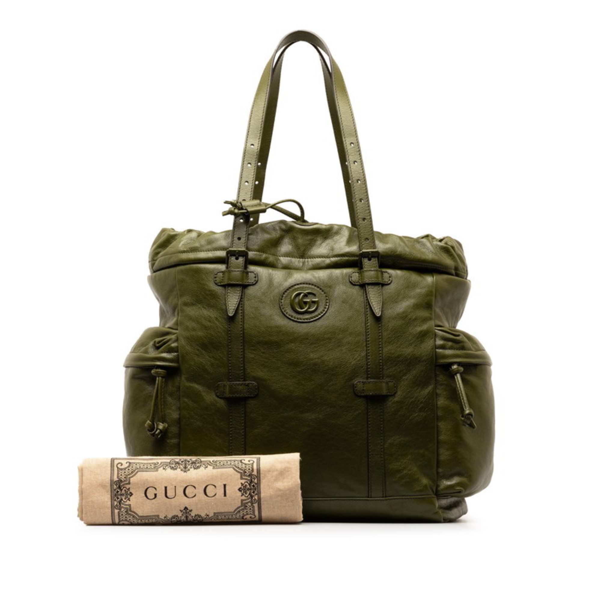 Gucci Drawstring Tote Double G Bag 725664 Khaki Leather Women's