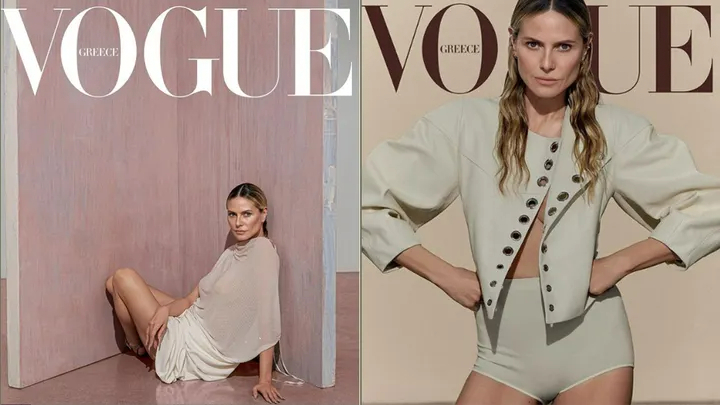 Heidi Klum poses for Vogue Greece braless in a sheer top just