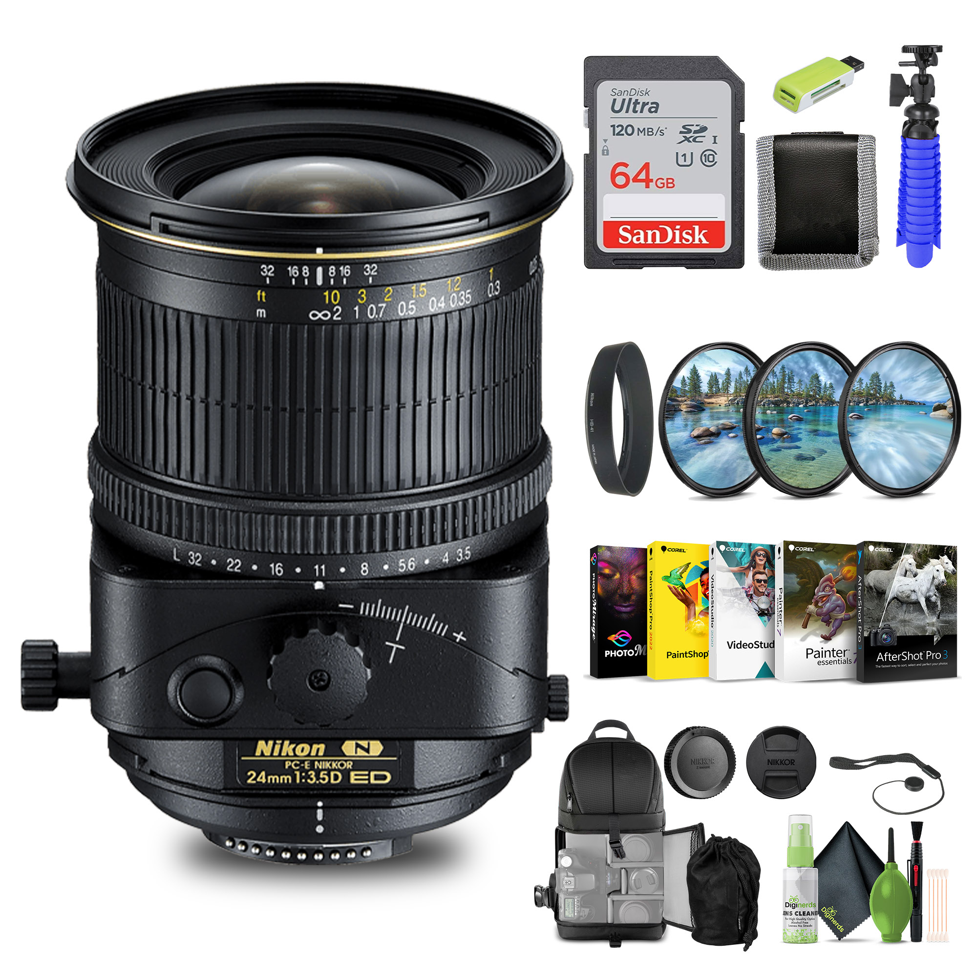 Nikon PC-E NIKKOR 24mm f/3.5D ED Tilt-Shift Lens (2168) + 64GB