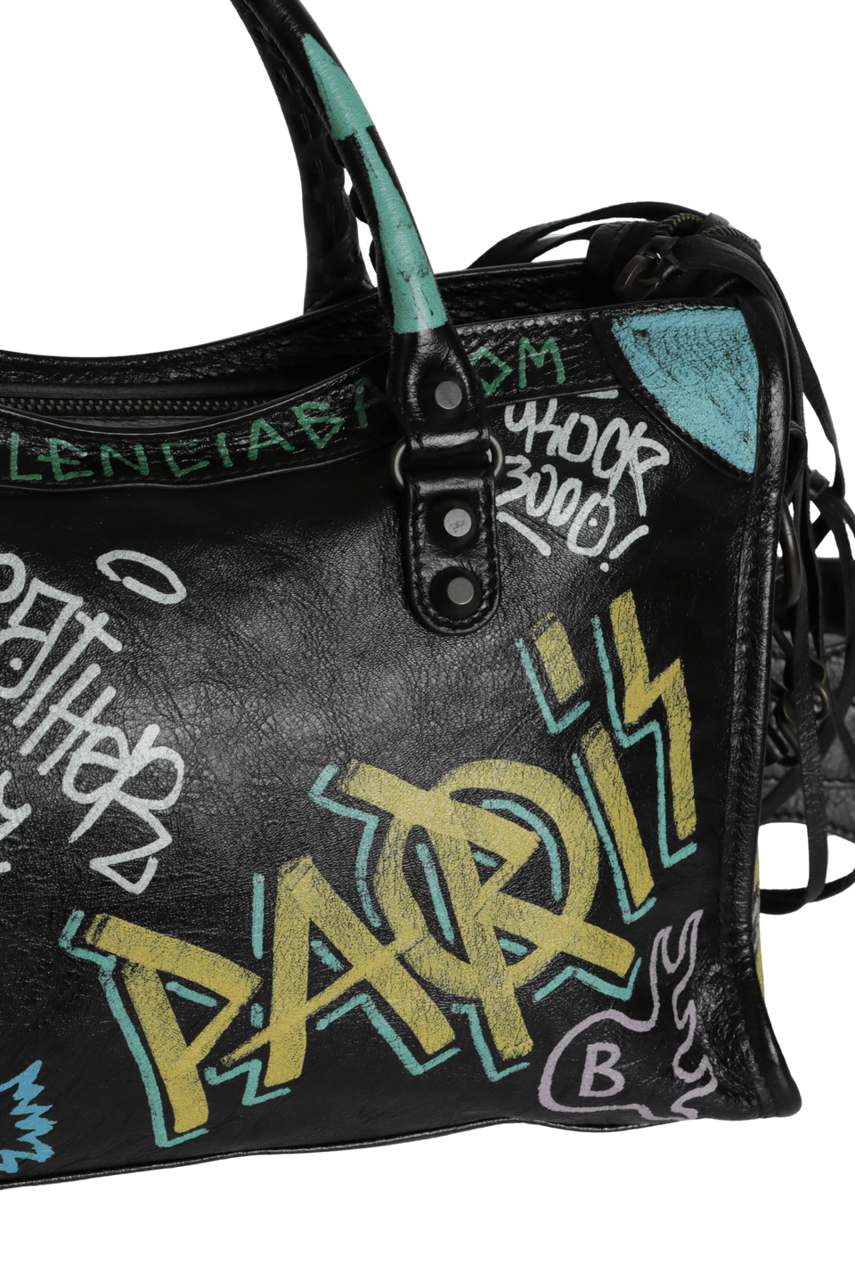 BOLSA BALENCIAGA MOTOCROSS CLASSIC GRAFFITI CITY BAG PRETO