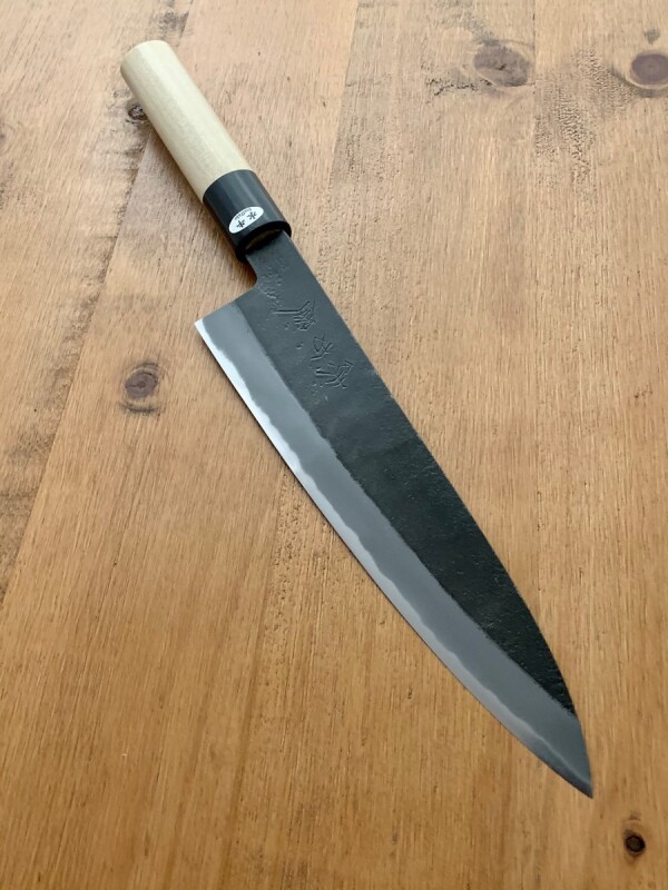 三条 日野浦刃物工房 味方屋 和牛刀 黒打梨地 白紙2号鋼 水牛鎬朴柄