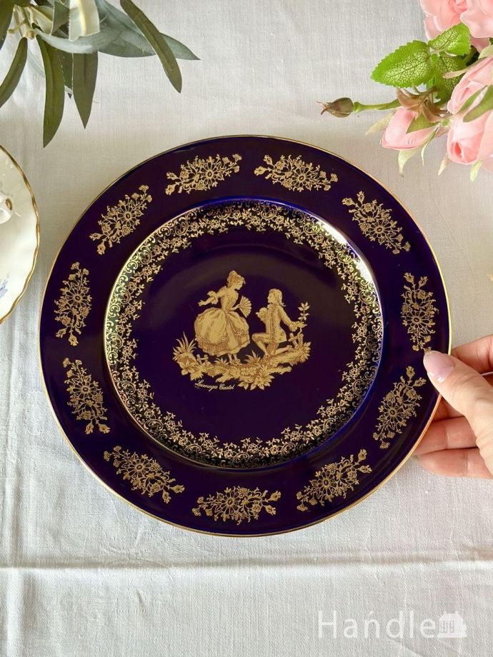 濃紺に金彩が美しいフランスリモージュのアンティークプレート(h-797-z