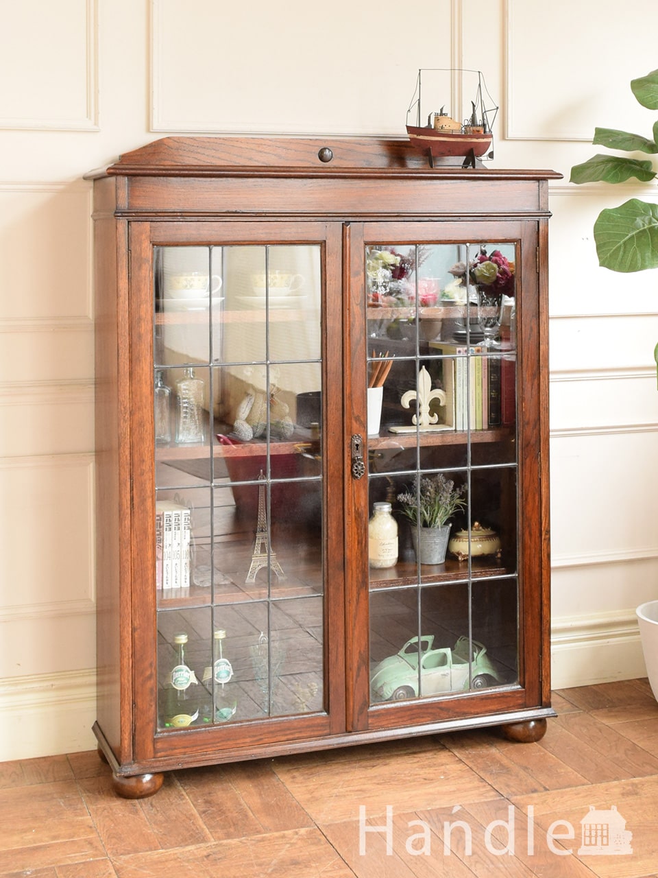 アンティーク家具 本棚 模様ガラス銀河 当時物 鍵付き アンティーク