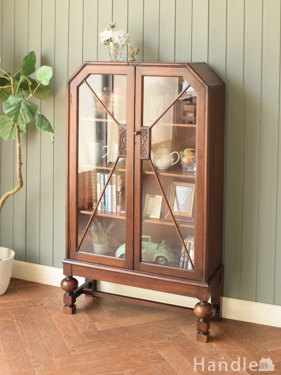 良品】アンティーク ガラス棚 ブックケース フラップ式扉 良品