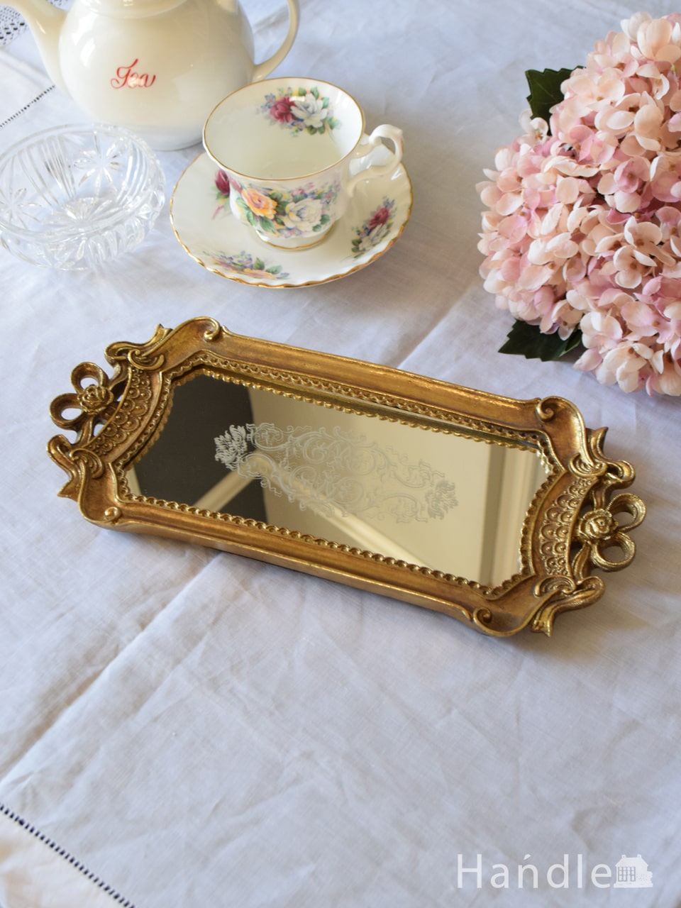 フランスアンティーク調のおしゃれなミラートレイ、美しい装飾の