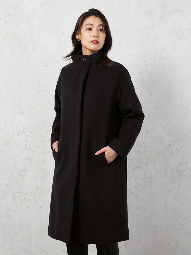 D．ブラウン 【MANTECO】スタンドカラーコート ウール混 インポート