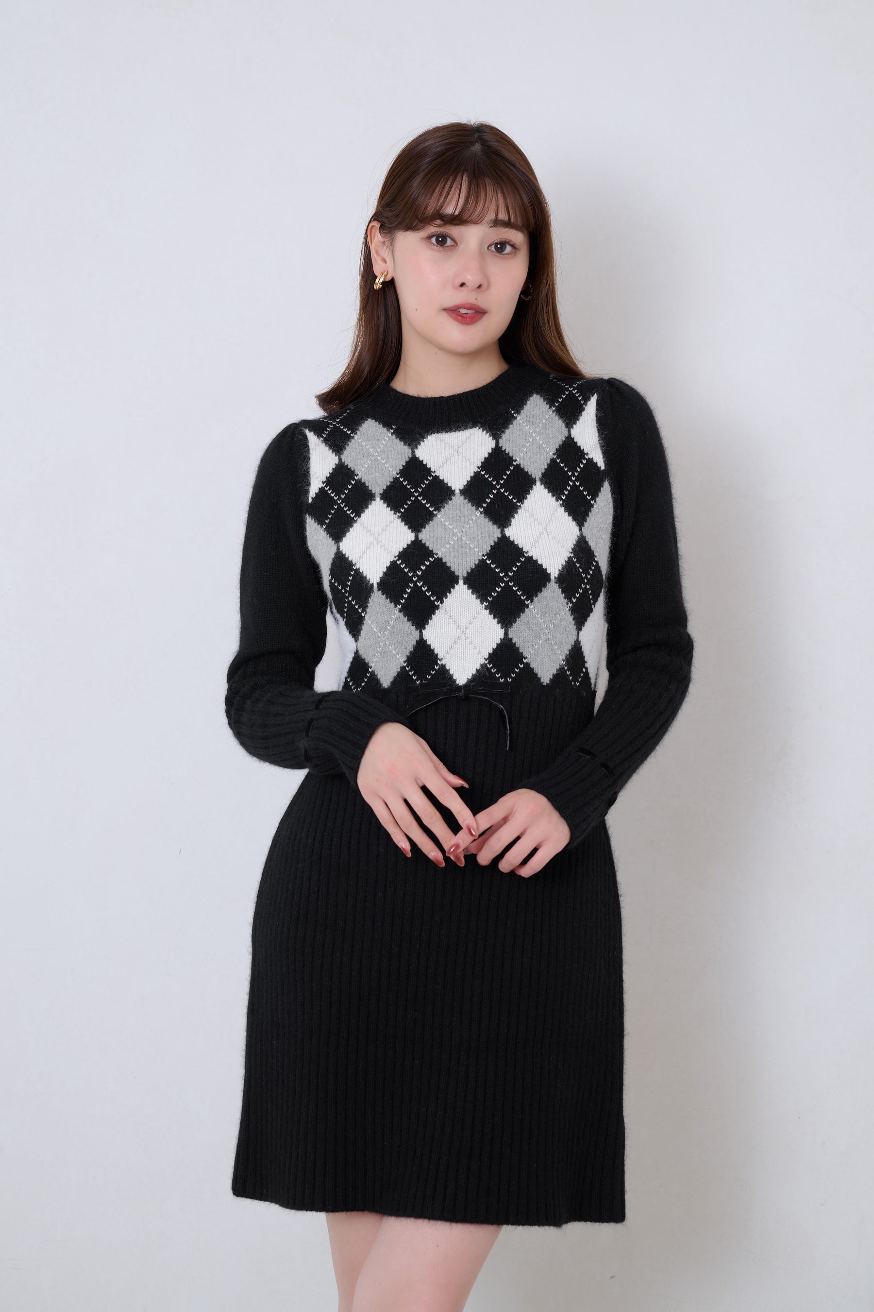 New Color]Moor Argyle Ribbon Knit Dress