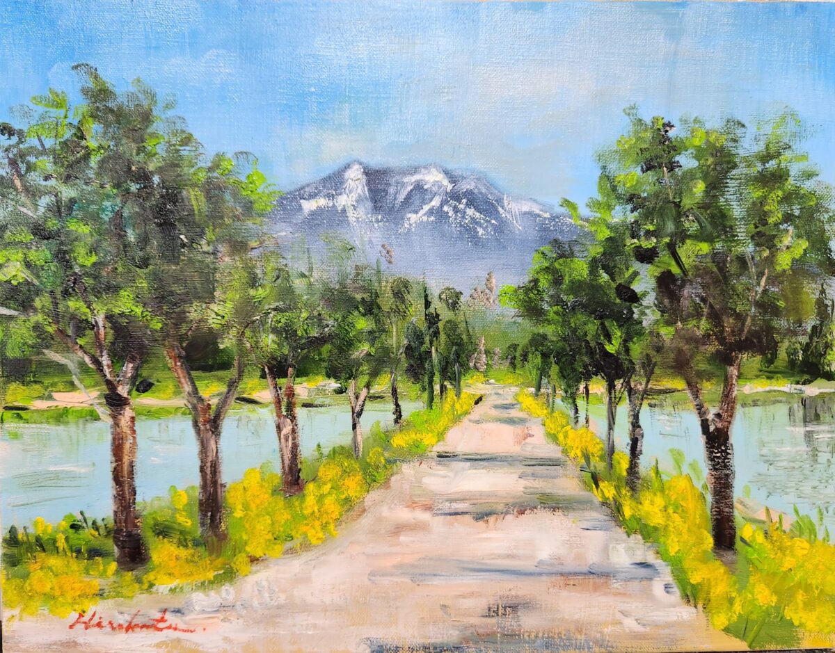 油絵専用夕方寄りそって帰るアヒルの恋人たち