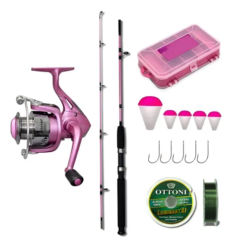Kit Pesca Feminino Rosa Vara + Molinete + Boia Anzol Estojo Rosa