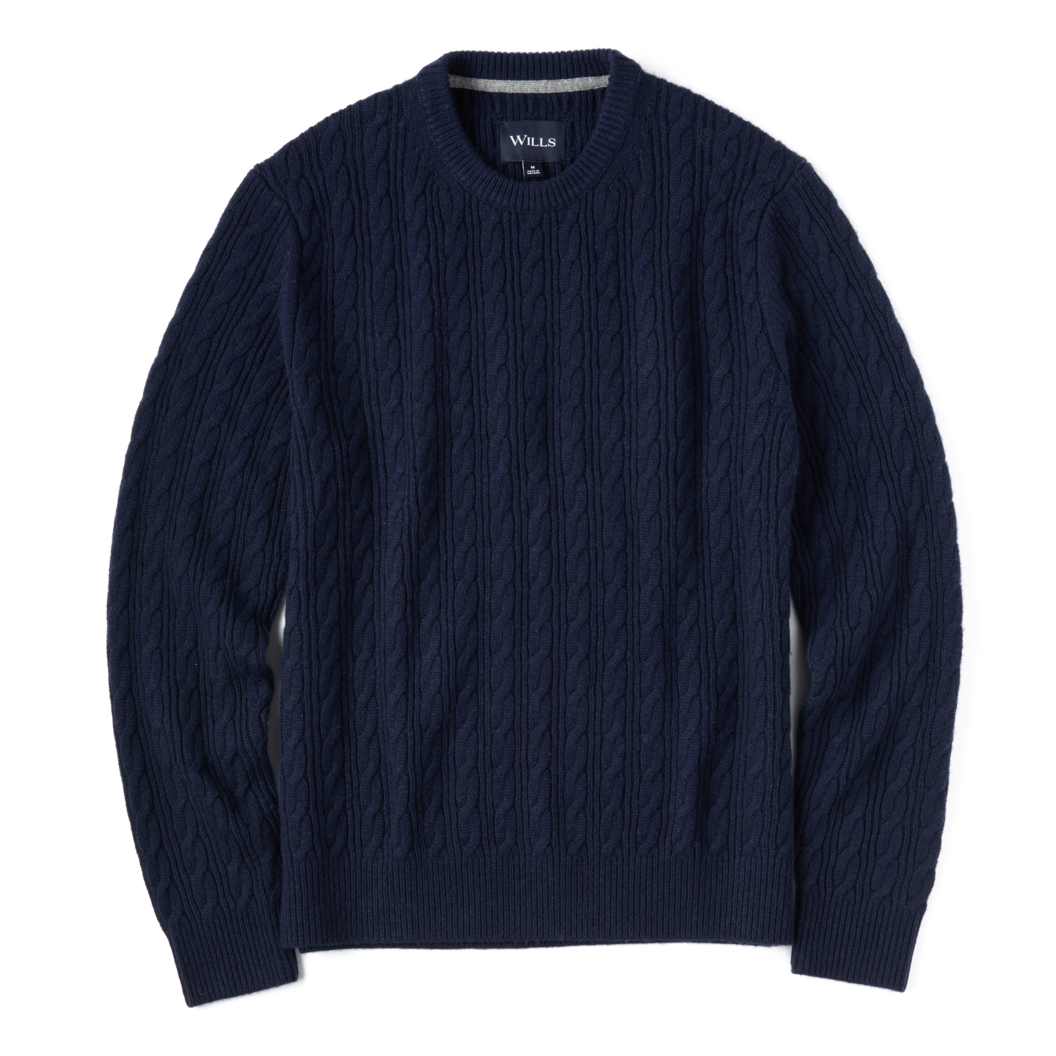 Wills EasyCash Merino Cable Knit Sweater - Navy | Crew Neck