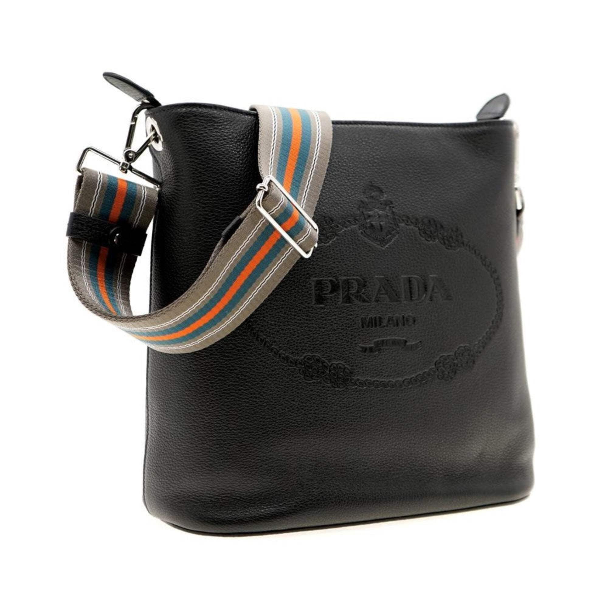 New Prada Vitello Phenix Black Leather Web Strap Crossbody Bucket