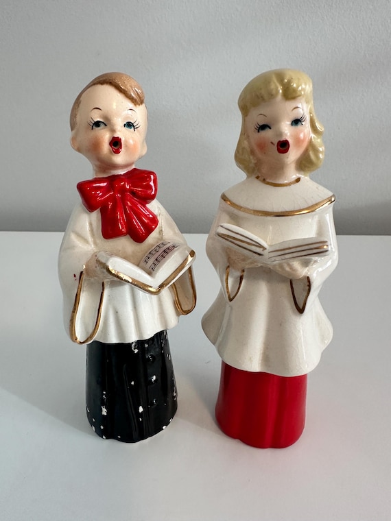 Pair of Mid Century CAROLERS, Porcelain Boy and Girl Ceramic Choir