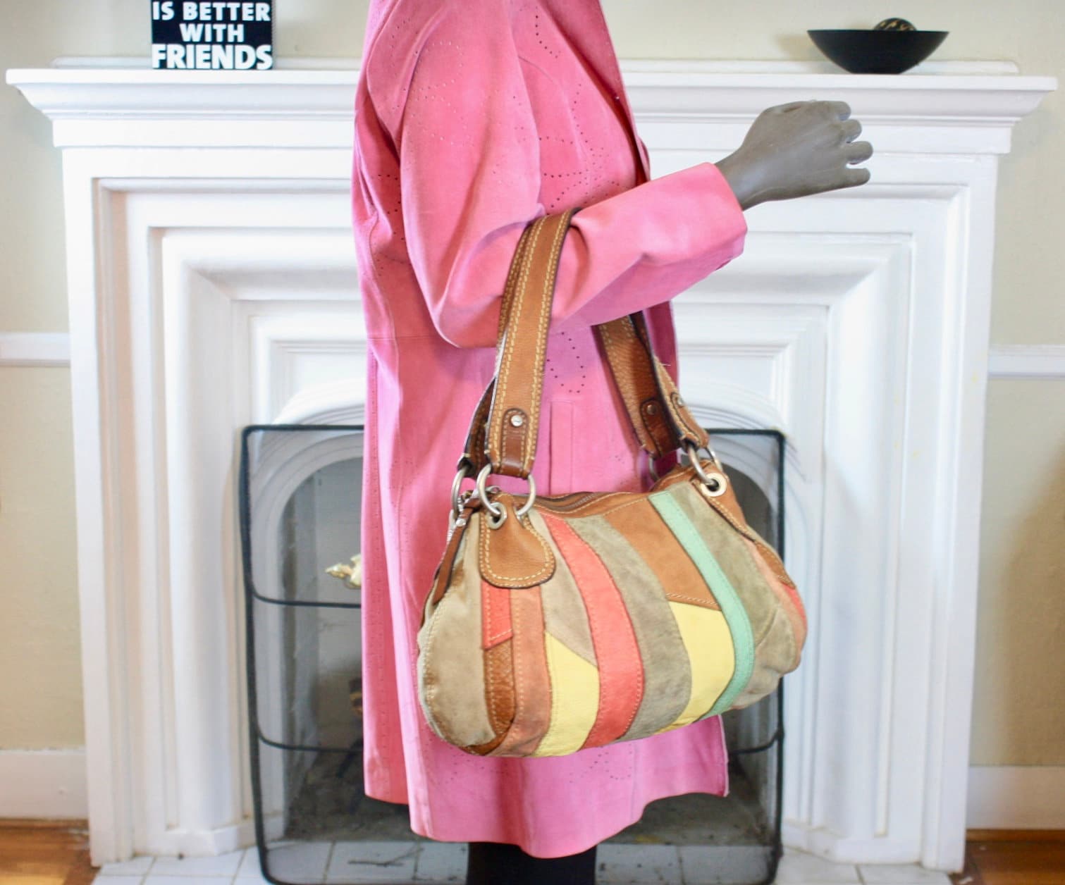 Vintage 90s Fossil Leather Suede Shoulder Bag: Multi-color Purse