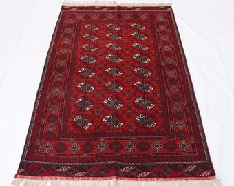 トルクメン ブハラ ラグ 4 x 7 フィート、手織りの赤いエリア ラグ