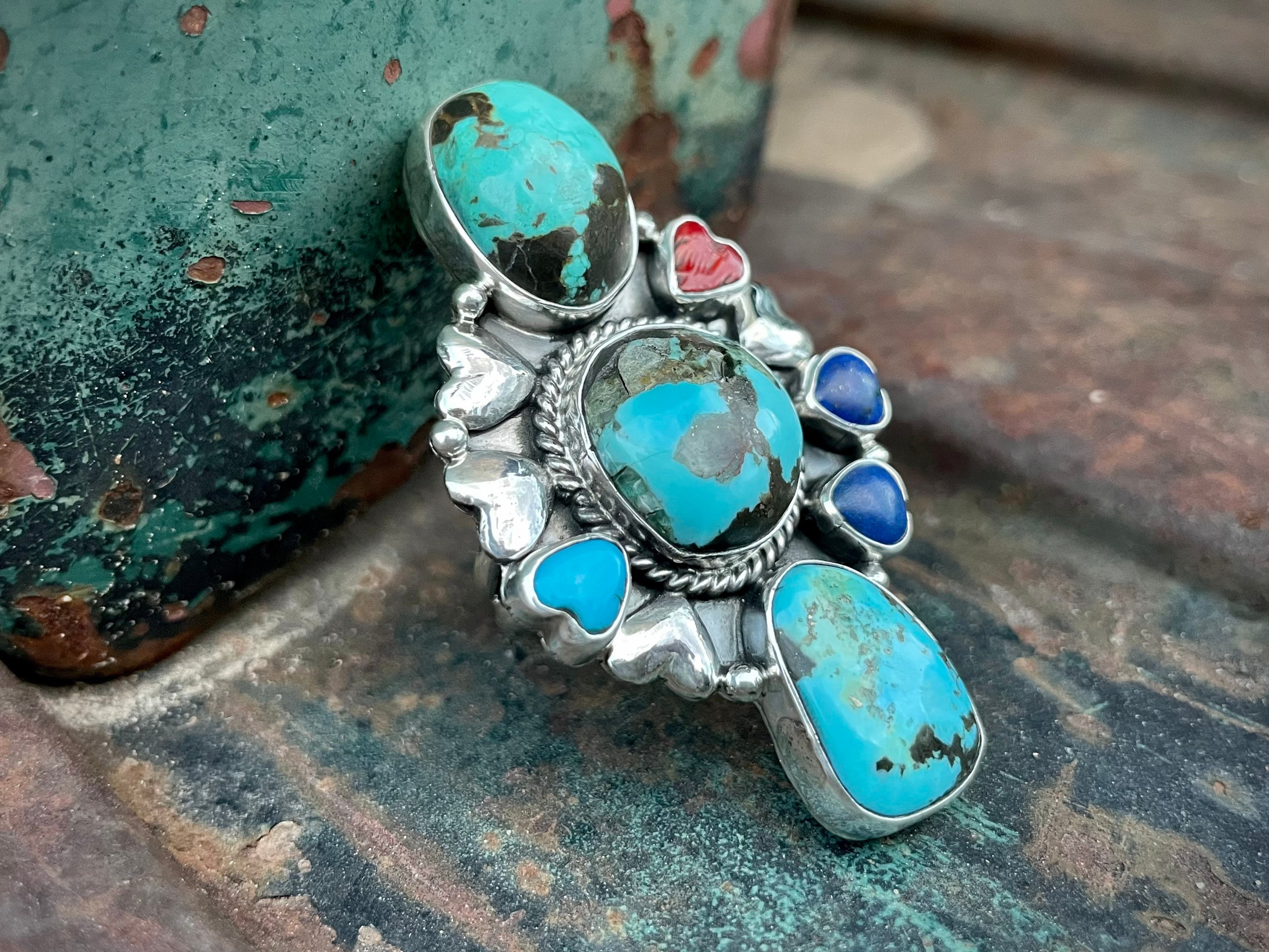 Navajo Mary Jane Garcia Turquoise Multistone Heart Ring Size 9