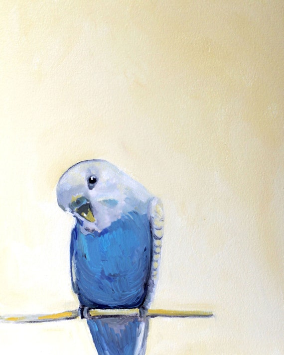 鳥の絵画 / オリジナル油絵の版画 / セキセイインコ / 止まり木に