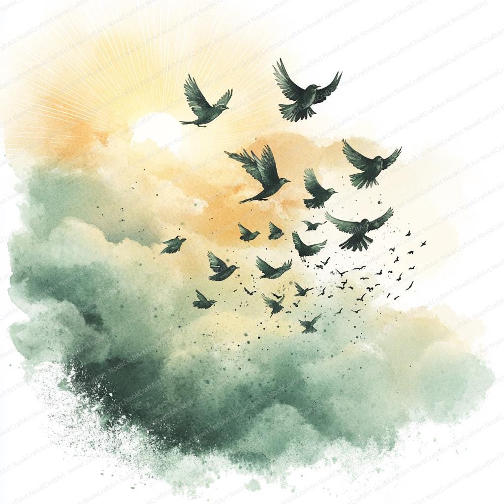 21 鳥の渡りのクリップアート | 北へ飛ぶ群れ | 印刷可能な水彩画