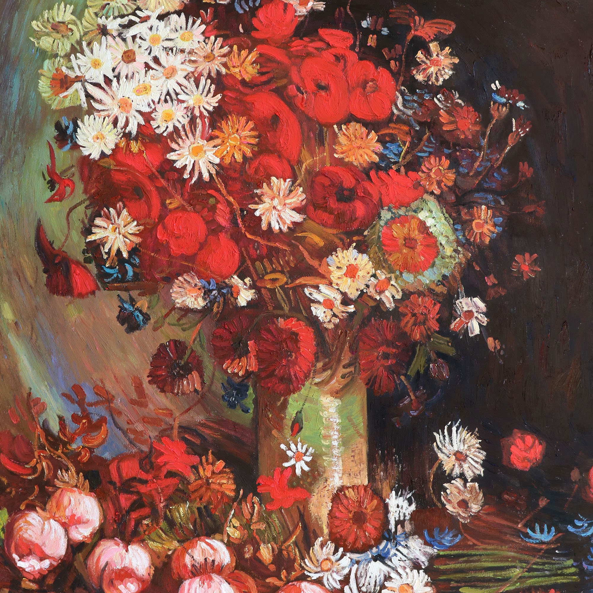 ポピー、ヤグルマギク、シャクヤク、菊の花が入った花瓶