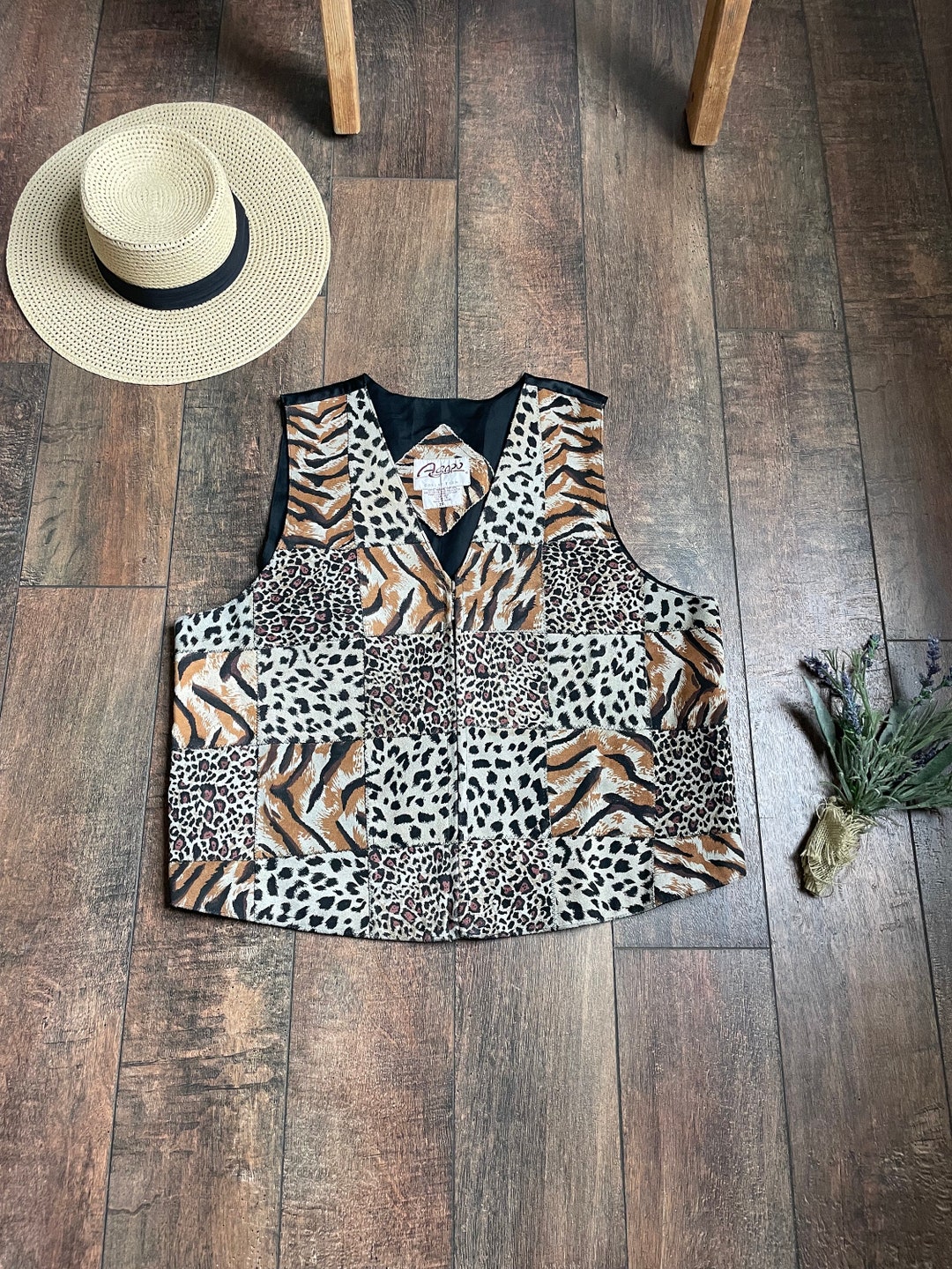 Vintage 90s Leather Leopard Print Vest,90s Safari Vest,vintage