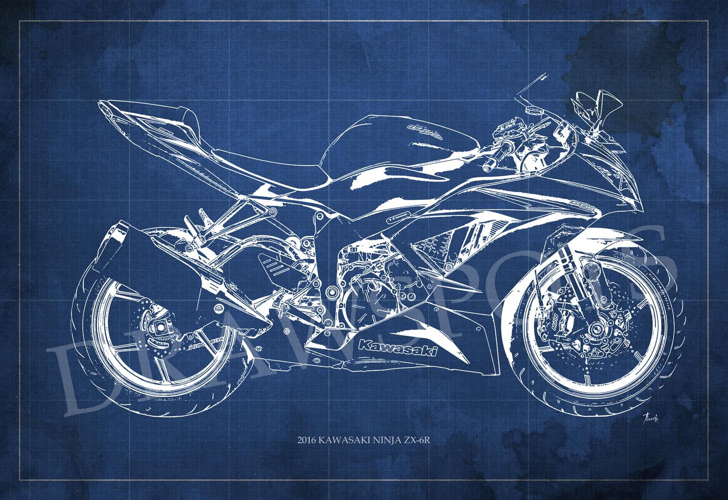 2016 Kawasaki Ninja ZX-6R Blueprint, Art Print 8x12in to 60x41in