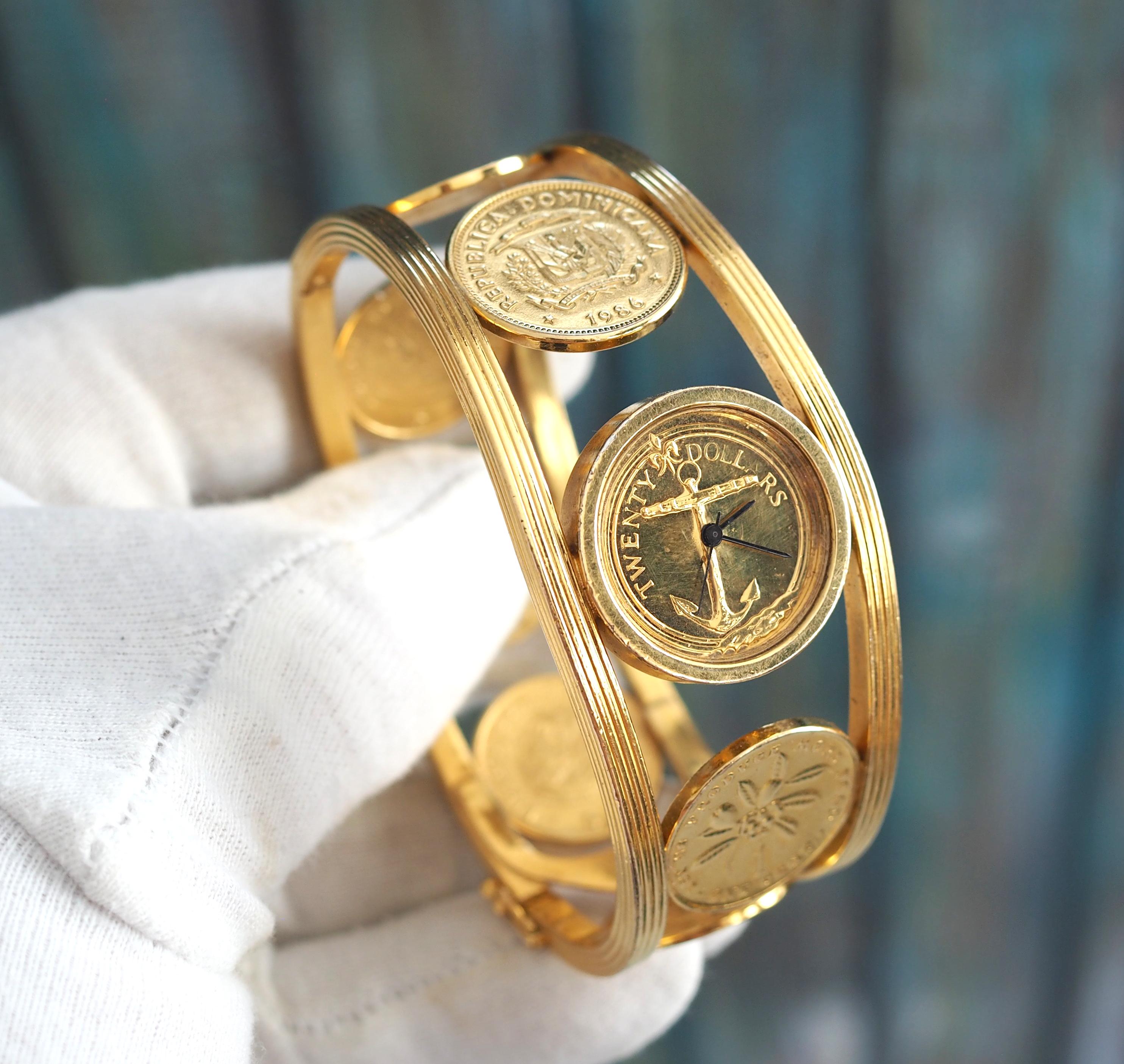 Franklin Mint Coin Watch Bracelet – Vintage Gold-tone Caribbean