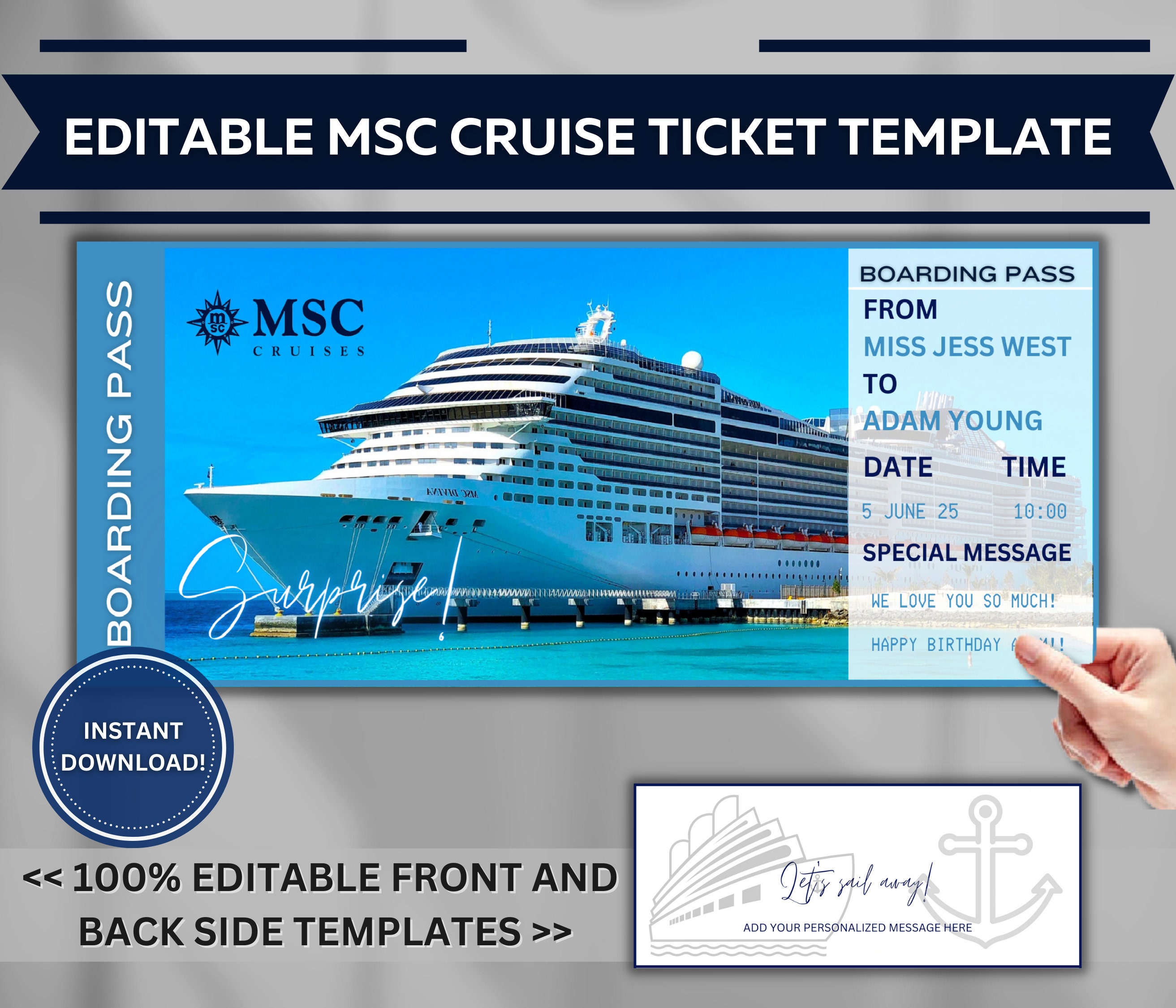 Editable Cruise Boarding Pass Template, Surprise Vacation Ticket