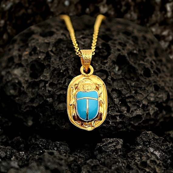 ターコイズスカラベネックレス：14Kゴールドヴェルメイユスターリング