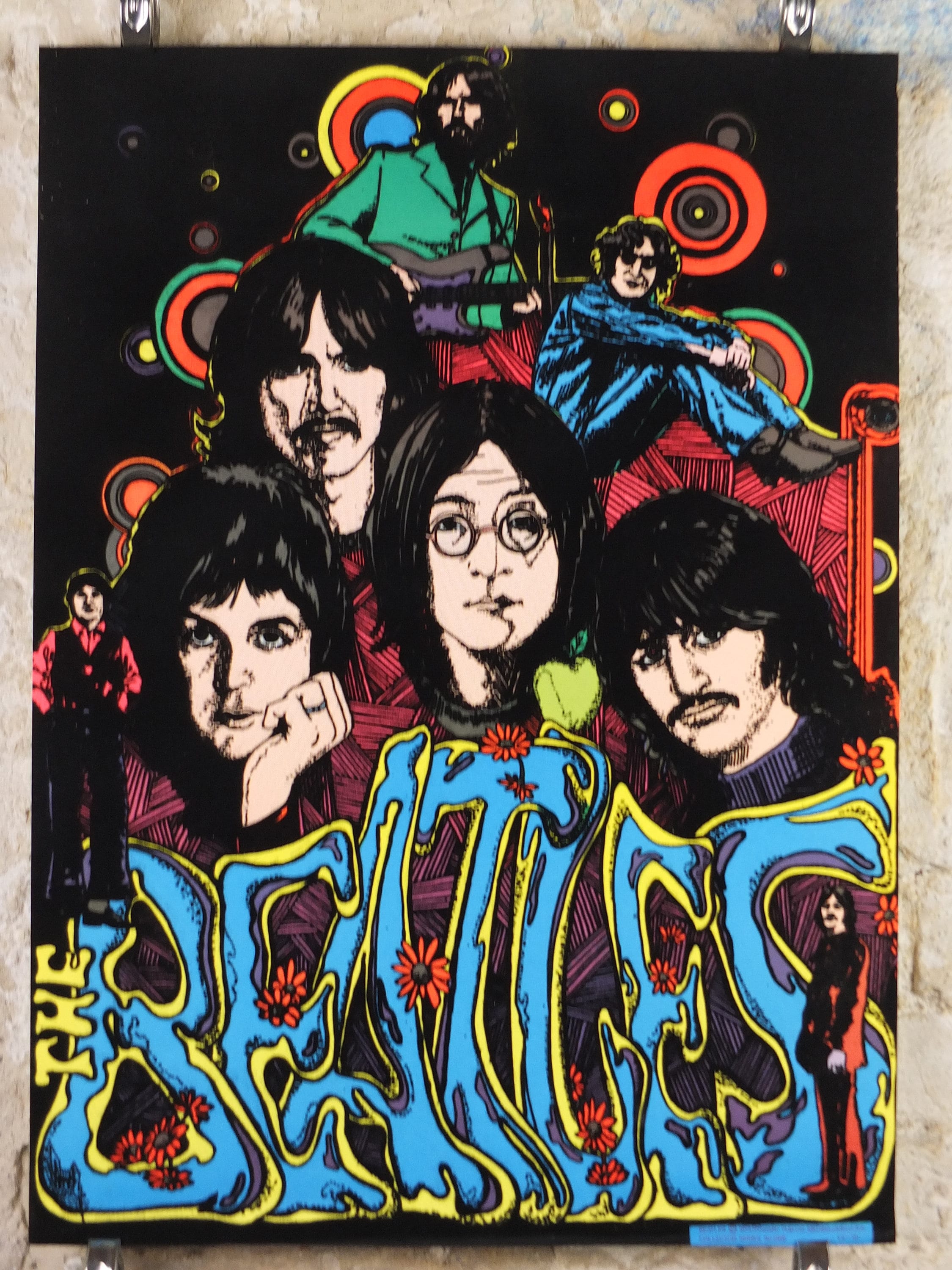 1975 Beatles Poster, Black Light Fluorescent in Felt, Colourful