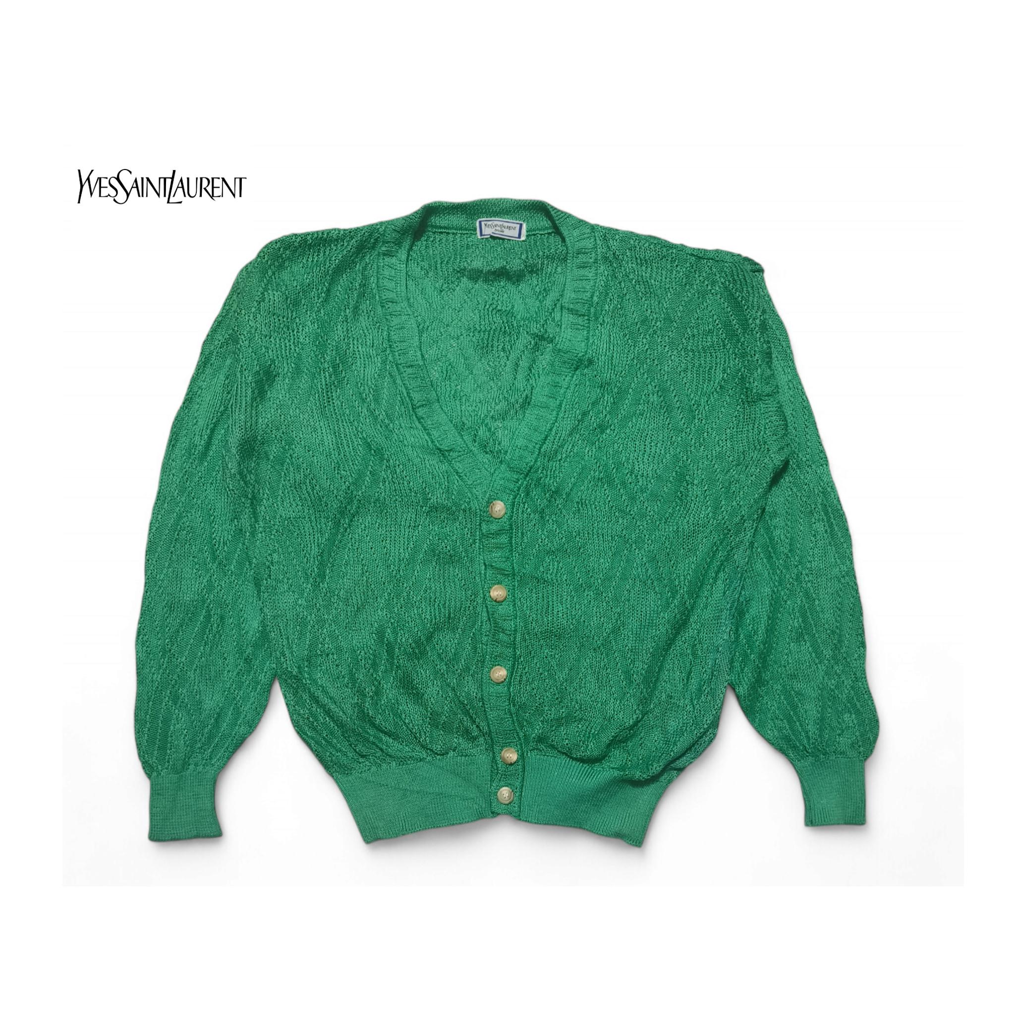 Vintage - 80s YSL Knit Cardigan: Openwork Green Sweater, Size L - Etsy