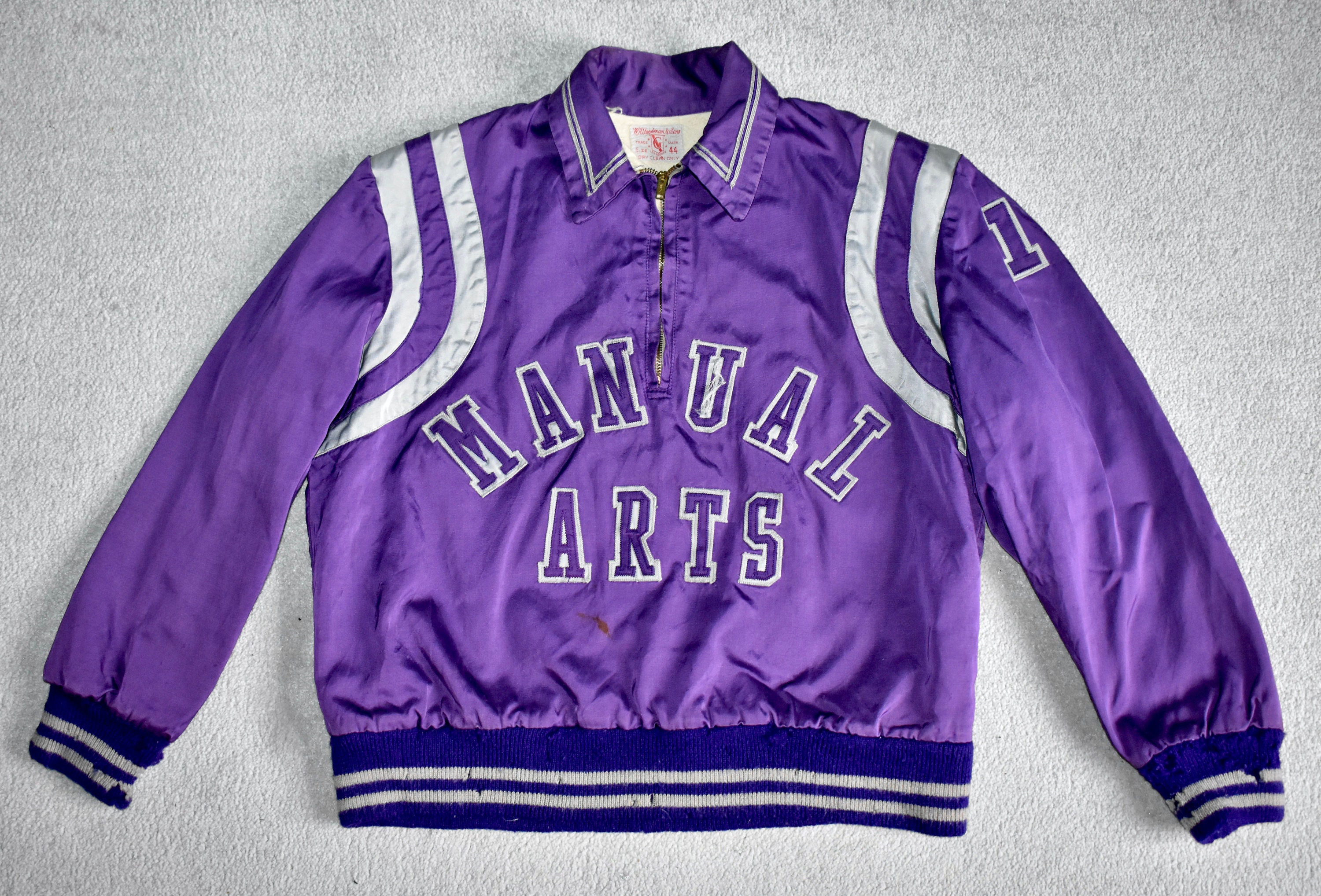 Vtg 50s 60s MANUAL ARTS High School Purple & Silver Satin Varsity