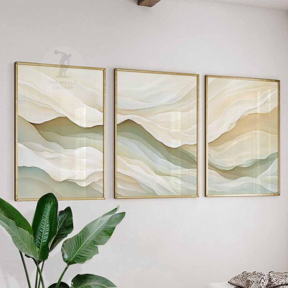 Set of 3 Neutral Abstract Prints, Minimalist Wall Art, Beige